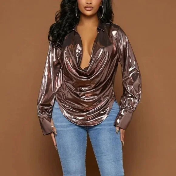 Draped cowl neck with Collar Metallic Blouse top bronze pink - Picture 4 of 6